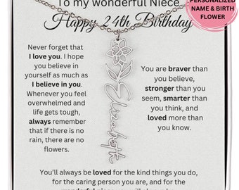 姪への24歳の誕生日プレゼント、叔母からの姪への24歳の誕生日プレゼント誕生花の名前入りネックレス、パーソナライズされた24歳の姪へのプレゼント、24歳になる姪