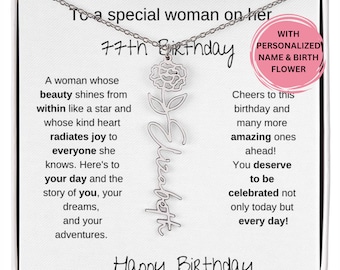 Happy 77th Birthday Birthflower Name Necklace, Gift For A Woman Turning 77, 77th Birthday Gift For Her, 77th Birthday Necklace  Message Card