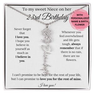 Collier de fleurs de naissance personnalisé pour nièce, cadeau du 23e anniversaire avec nom et carte de message, cadeau de bijoux personnalisés pour nièce de la part d'une tante ou d'un oncle