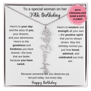 Cadeau du 39e anniversaire pour elle, collier prénom fleur de naissance avec carte de message, cadeau pour ami collègue meilleur ami femme bijoux d'anniversaire