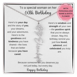 Cadeau du 60e anniversaire pour elle, collier prénom fleur de naissance avec carte de message, cadeau pour ami collègue meilleur ami femme bijoux d'anniversaire