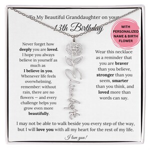 Collier de fleurs de naissance cadeau personnalisé pour petite-fille 13e anniversaire, carte message bijoux pour petite-fille, collier 13e anniversaire pour elle