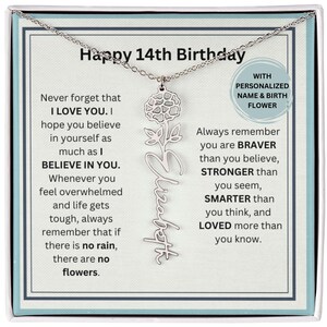 Gift For 14 Year Old Birth Flower Name Necklace, Personalized 14th Birthday Gift, Custom 14th Birthday Gift Daughter Niece Granddaughter