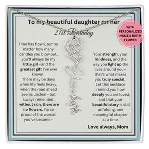21. Geburtstags-Geschenk für Tochter von Mama, Geburtsblumen-Halskette mit Karte, Sentimentaler Schmuck für sie, kundenspezifische Namensketten-Geschenk