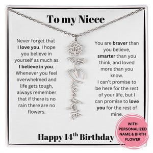 14.Geburtstag Geschenk für Nichte Personalisierte Name & Geburtsblumen-Halskette mit Nachrichtenkarte, bedeutungsvoller Schmuck von Tante oder Onkel