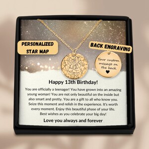 13th Birthday Girl Star Map Necklace By Date, Official Teenager Gift For 13 Year Old Girl, 13th Birthday Gift, Teen Birthday Gift