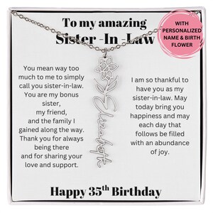 Cadeau du 35e anniversaire pour belle-sœur, collier fleur de naissance avec message, cadeau bijoux personnalisés pour anniversaire de belle-sœur