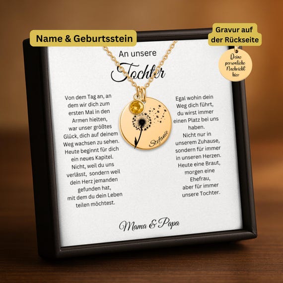 Geschenk für Tochter zur Hochzeit, personalisierte Kette mit Hochzeitskarte, Braut Schmuck emotionales Eltern Geschenk