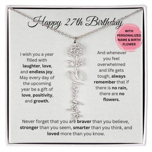 27th Birthday Name Necklace With Birthflower, Personalize 27th Birthday Gift for Daughter, Granddaughter, Niece, 27th Birthday Gift For Her