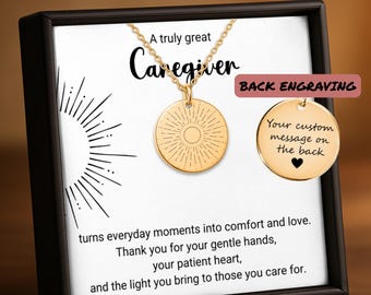 Caregiver Necklace Gift • Sunray Coin Necklace with Back Engraving • Caregiver Appreciation Thank You Gift • Senior Care, Christmas