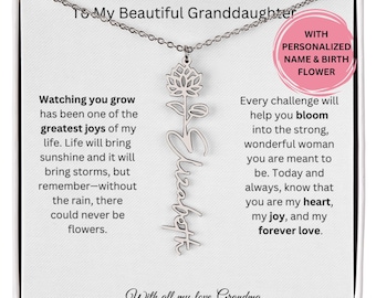 To My Granddaughter Necklace, Birth Flower Necklace from Grandma or Grandpa, Sentimental Jewelry Card, Meaningful Gift for Granddaughter