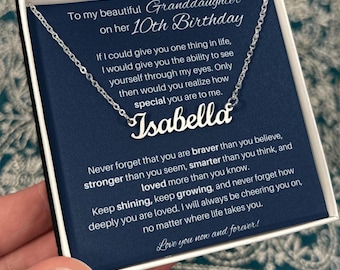 Collar con nombre y tarjeta de mensaje para el décimo cumpleaños de tu nieta, joyería personalizada de la abuela o el abuelo.