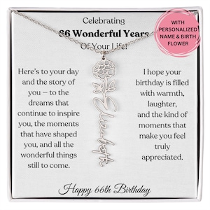 Geburtsblume Namenskette 66. Geburtstag Geschenk für Frau, personalisierter Schmuck mit Karte, elegantes Geschenk für sie, individuelles Geschenk für Mutter oder Freundin