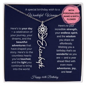 Cadeau du 66e anniversaire pour elle, collier prénom fleur de naissance avec carte, bijoux personnalisés pour femme, cadeau d'anniversaire collier prénom personnalisé