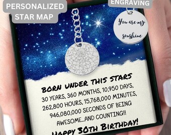 30-årsdagspresent Anpassad stjärnkarta efter datum Nyckelring, 30-årsdagspresent till henne, Meningsfull present till 30-årsdag, Anpassad 30-årsdag