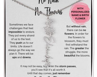 No Rain No Flowers Birthmonth Name Necklace, Strength Gift For Woman, Personalized No Rain Necklace, Cancer Gift For Friend