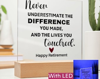Personalisiertes Ruhestandsgeschenk - LED-Acryltafel auf Holzsockel, Ruhestands-Souvenir, Ruhestands-Andenken, Ruhestands-Geschenk-Dekor