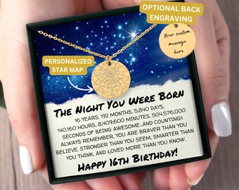 彼女への16歳の誕生日プレゼント、パーソナライズされた16歳の誕生日プレゼント、日付入りカスタム星図ネックレス、16歳の誕生日プレゼントのアイデア、16歳のギフトボックスプレゼント