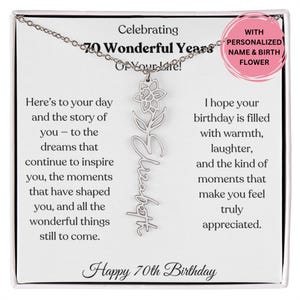 Geburtsblume Namenskette 70. Geburtstag Geschenk für Frau, personalisierter Schmuck mit Karte, elegantes Geschenk für sie, individuelles Geschenk für Mutter oder Freundin