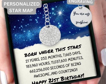 21st Birthday Gift Custom Star Map By Date Keychain, 21st Birthday Gift For Her, Meaningful Gift for 21st Birthday, 21st Birthday Custom