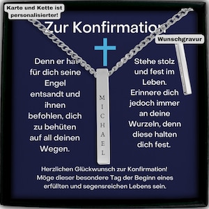The image is a necklace with a pendant that says "Zur Confirmation" in German. The pendant has a nameplate with the name "Michael L". The necklace is described as a personalized item, and the text includes a message about the confirmation of Michael L.