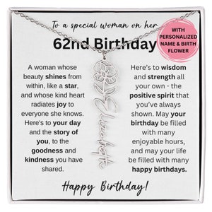 62nd Birthday Birth Flower Necklace, 62nd Birthday Gift, 62nd Gift For Her, 62nd Birthday Jewelry, 62nd For Friend, 62nd Silver Name, 62