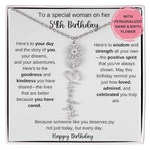 Cadeau 54e anniversaire pour elle, collier fleur de naissance avec message, cadeau pour amie collègue, meilleure amie femme, bijoux d'anniversaire