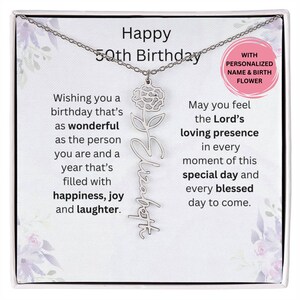 50th Birthday Silver Birthmonth Flower Necklace With Name, 50th Birthday Jewelry Gift, Personalized 50th, 50th Gift For Her, 50th For Friend