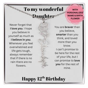 12.Geburtstag Geschenk für Tochter personalisierte Name & Geburtsblumen-Halskette mit Mitteilungskarte Bedeutungsvoller Schmuck von Mama oder Papa