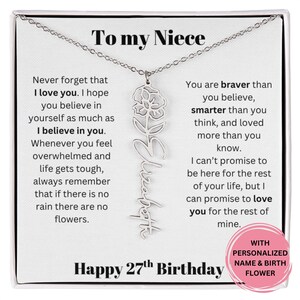 27. Geburtstagsgeschenk für Nichte Personalisierte Name & Geburtsblumenhalskette mit Nachrichtenkarte, bedeutungsvoller Schmuck von Tante oder Onkel