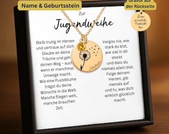 Jugendweihe Geschenk Mädchen, Pusteblume Namenskette mit Geburtsstein, personalisierte Kette mit Name, Erinnerungsschmuck