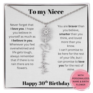 30. Geburtstagsgeschenk für Nichte Personalisierte Name & Geburtsblumenhalskette mit Nachrichtenkarte, bedeutungsvoller Schmuck von Tante oder Onkel