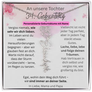 Geburtsblumen Namenskette Tochter Geschenk zum 34. Geburtstag, Personalisierte Kette mit Karte von Mama & Papa, Schmuck für Erwachsene