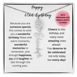 62nd Birthday Birth Flower Necklace, 62nd Birthday Gift For Women, Silver Gold Name Necklace 62nd Gift Pendant, 62nd Birthday Gift For Her
