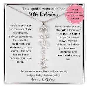 Cadeau du 50e anniversaire pour elle, collier prénom fleur de naissance avec carte de message, cadeau pour ami collègue meilleur ami femme bijoux d'anniversaire