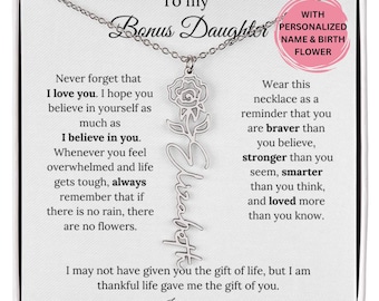 Bonus Daughter Personalized Birth Month Flower Necklace, Foster Daughter, Adopted Daughter,Unbiological Daughter Gift, StepDaughter Necklace