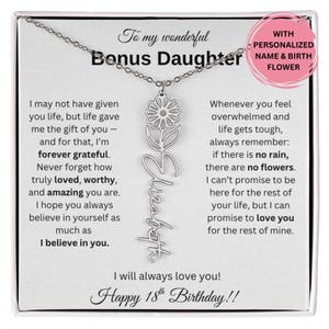 18. Geburtstagsgeschenk für Bonus Tochter - Personalisierte Geburtsblumen Namenskette mit Nachrichtenkarte - Bedeutungsvoller Schmuck von Bonus Mama oder Papa