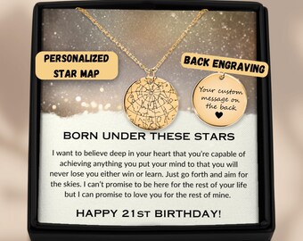 21st Birthday Gift for Her Custom Star Map Necklace, Personalized 21st Keepsake for Granddaughter, Niece, Daughter, Night Sky Map Gift