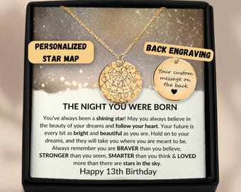 Special Birthday 13th Gift Custom Star Map Necklace, Hand Stamped Disk Star Map By Date, 13th Birthday Gift For Daughter Granddaughter Niece