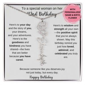 Cadeau de 42e anniversaire pour elle, collier prénom fleur de naissance avec carte de message, cadeau pour amie collègue, meilleure amie femme, bijoux d'anniversaire