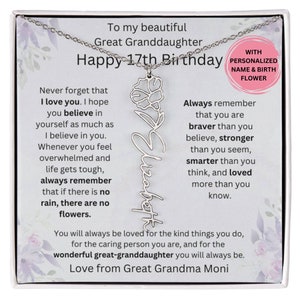 17. Geburtstag Urenkelin Geburtstagskarte mit Geburtsmonat Blumenhalskette, Urenkelin 17. Geburtstagsgeschenk von Uroma