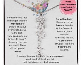 Personalized Birth Flower Name Necklace, Support Encouragement Inspirational Motivational Gift For Friend Sister Woman, Hard Times Gift