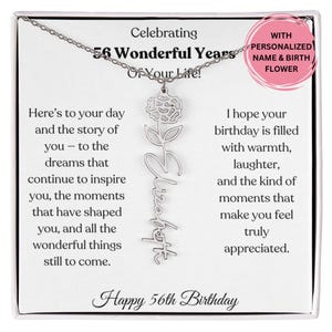 Geburtsblume Namenskette 56. Geburtstag Geschenk für Frau, personalisierter Schmuck mit Karte, elegantes Geschenk für sie, individuelles Geschenk für Mutter oder Freundin
