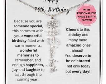 40th Birthday Birth Flower Necklace, 40th Birthday Gift For Women, Silver Gold Name Necklace 40th Gift Pendant, 40th Birthday Gift For Her