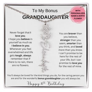Bonus Enkelin 10. Geburtstagsgeschenk, Geburtsblumen-Namenskette mit Karte, personalisiertes Schmuckgeschenk für 10-jähriges Mädchen, kundenspezifische Halskette