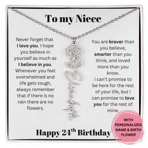 24. Geburtstagsgeschenk für Nichte Personalisierte Name & Geburtsblumenhalskette mit Nachrichtenkarte, bedeutungsvoller Schmuck von Tante oder Onkel