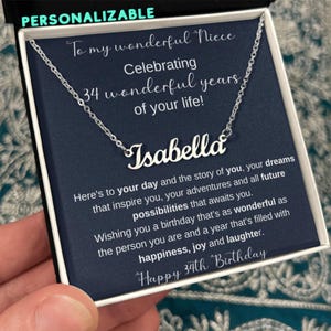 Cadeau du 34e anniversaire de sa tante pour une nièce, collier personnalisé du 34e prénom pour ma nièce, cadeau spécial 34e pour nièce, souvenir du 34e anniversaire de nièce