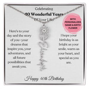 Collier prénom fleur de naissance, cadeau 40e anniversaire pour elle, bijoux personnalisés pour femme, collier prénom personnalisé avec carte 40e anniversaire