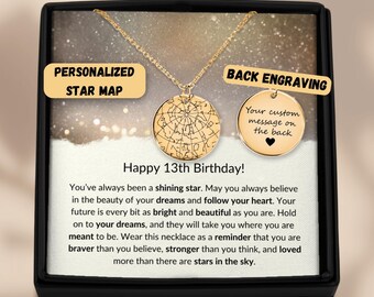 13th birthday Star Map Necklace By Date, 13th Birthday Gift, Thirteenth Birthday Necklace, Gift For 13 Year Old, 13th Birthday For Daughter