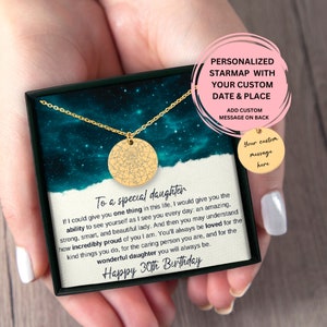 May include: A gold necklace with a round pendant featuring a star map design. The necklace is in a black box with a message that reads "To a special daughter" and "Happy 30th Birthday".